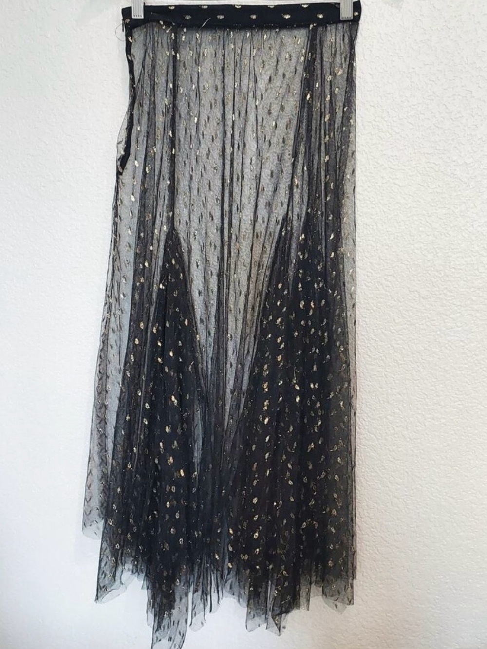 Eva Franco Black Sheer Maxi Skirt with Gold Foil Dots